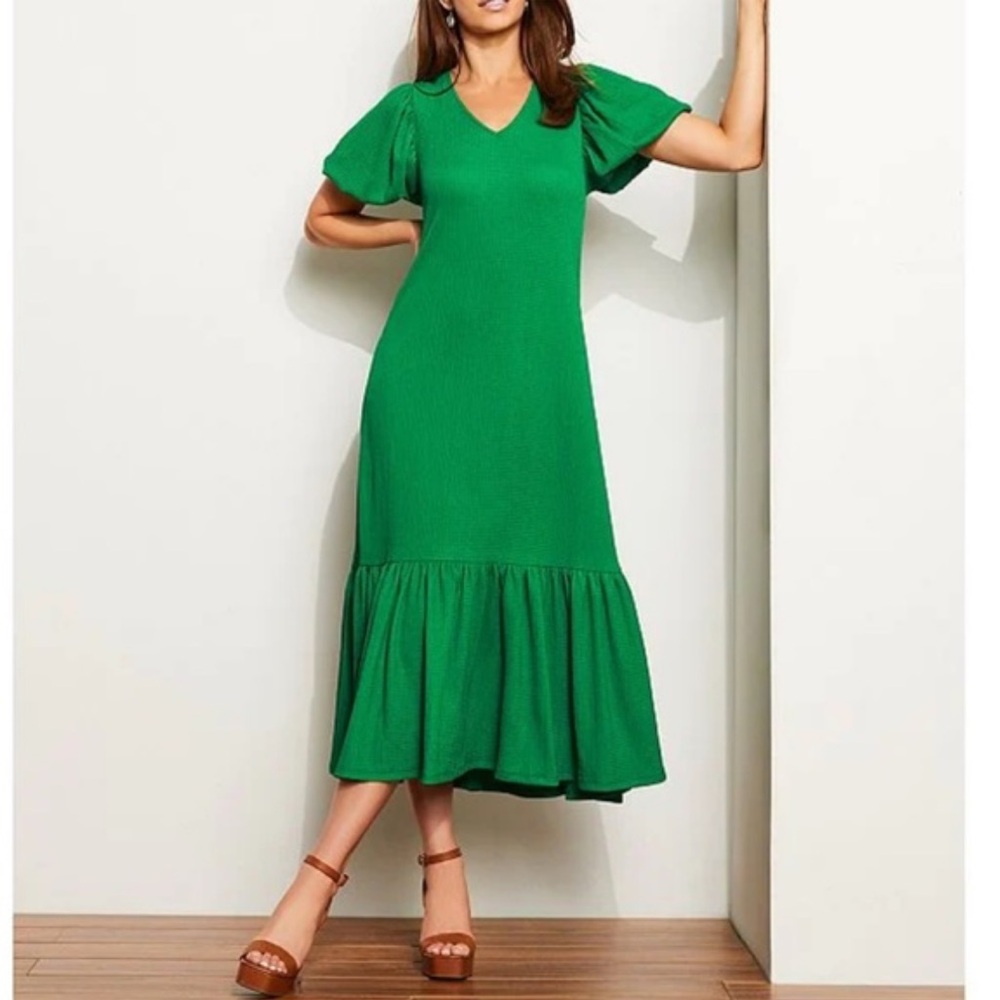 V-Neck Tie Back Short Puffed Sleeve Tiered Ruffled Hem Midi Dress
